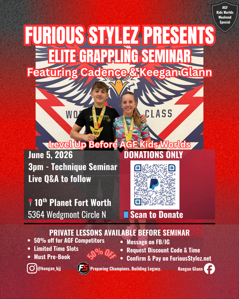 AGF Kids Worlds Seminar hosted by Furious Stylez' Cadence and Keegan Glann at 10th Planet Fort Worth